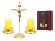 Zestaw kolędowy złoty mosiądz Krzyż stojący i Świeczniki na Kolędę 20 cm