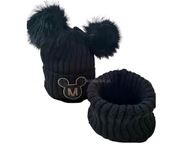 Zimowy zestaw Myszka: czapka z 2 pomponami i komin - czarny