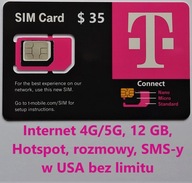 SIM USA T-mobile 12 GB, 4G LTE/5G, rozmowy, SMS-y, USA bez limitu, Hotspot