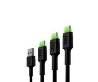 3x Green Cell USB- A - USB-C LED 0,3m 1,2m 2m