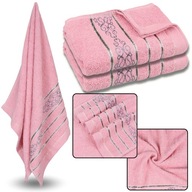 Ružový bavlnený uterák s ozdobnou výšivkou, sivá výšivka 70x135 cm x2