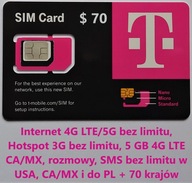 SIM USA CA/MX T-mobile, $ 70, Internet, rozmowy SMS bez limitu + PL Hotspot