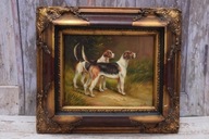 Dva lovecké psy - Psy Pes - Olejomaľba - Zlatý rám 47x42