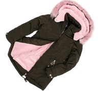 Kabát zimná bunda khaki olivová ružová teplá kožušina 158