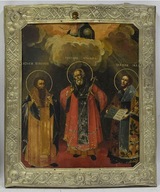 XIXw Stara rosyjska ikona Święci Bazyli, Grzegorz i Jan Chryzostom