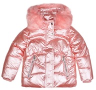 Zimná bunda teplá ružová metalická kožušinka kapucňa 4/5 104/110