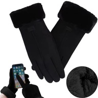 DÁMSKÉ PODZIMNÍ A ZIMNÍ ZATEPLENÉ RUKAVICE S KOŽEŠINOU, SEMIŠOVÉ, ČERNÉ