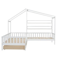 Białe drewniane łóżko dziecięce w kształcie litery L 90x200 cm + 140x70 cm