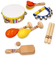 Instrumenty muzyczne Tamburyn Marakasy Guiro Kołatka Dzwoneczki Pałeczki