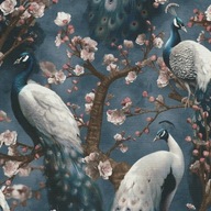 Tapeta na stenu orientálny vzor pávie očká vták strom čerešne kvety