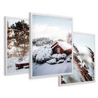 ZESTAW Obrazy w ramie plakaty zachód słońca zima chatka tryptyk 43x99