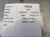 Kia Cerato e computer Centralina 39103-2A110 0281013059 DA54