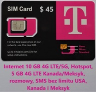 SIM USA, Kanada/Meksyk T-mobile 10 GB, rozmowy SMS bez limitu, Hotspot