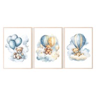 Sada 3 plagátov A4 Tri roztomilé medvedíky balóny HIT