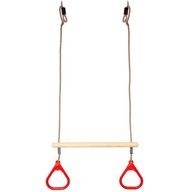 Drewniany trapez do huśtawki z uchwytami w kolorze czerwonym na plac zabaw