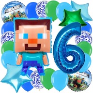 ZESTAW BALONÓW MINECRAFT STEVE BALON CYFRA 6 LAT SZÓSTE URODZINY 23 EL.