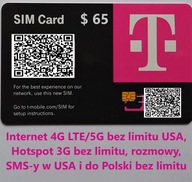 e SIM, USA T-mobile, Internet bez limitu HS, rozmowy, SMS-y do PL plan 65$