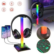 STOJAK NA SŁUCHAWKI DO GIER RGB, ZŁĄCZE AUX 3,5 MM 2 PORTY USB DO ŁADOWANIA