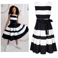 Wyjątkowa sukienka wizytowa galowa czarna biała w pasy dla dziewczynki 140