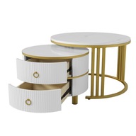Okrúhly konferenčný stolík 2 v 1 s 2 zásuvkami biely mramor zlatý kov