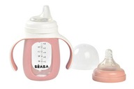 Butelka dla dziecka treningowa szklana z uchwytami 2w1 210 ml pink, Beaba