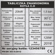 Tabliczka znamionowa 1 na piec kocioł grzewczy CO grawerowana 12x12 Gratis