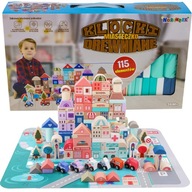 Drewniane klocki kolorowe zestaw miasto Miasto Auta 115 Klocków + Puzzle