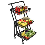 3-úrovňový kôš vozík na ovocie a zeleninu na kolieskach čierny 94,5x44x30cm