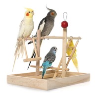 Drewniany plac zabaw z huśtawką dla małych papug