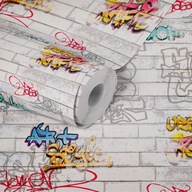 Tapeta na stenu papierová Mládežnícka šedá TEHLA 3D farebné GRAFFITI 10m