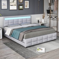 Łóżko tapicerowane 180 x 200 cm, rama łóżka podwójna LED 4 szuflada szary
