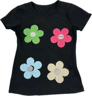 110-116 T-shirt bluzka koszulka dziewczęca czarny kwiatki