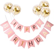 Füzér szett Lufik FELIRAT Rózsaszín BANNER HAPPY BIRTHDAY konfetti SZÜLETÉSNAP