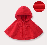 Poncho plyšové, červené, pletené pončo s kapucňou 2F7