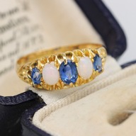 Złoty pierścionek z opalami i szafirami ANTYK 18K