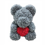 ROSE BEAR MIŚ Z RÓŻ 40cm - SZARY Z CZERWONYM SERCEM