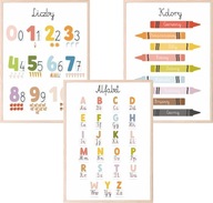 Zestaw 3 plakaty A3 MONTESSORI Edukacyjne Alfabet Liczby Kolory Różne wzory