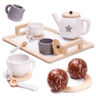 Kávový servis drevený riad pre deti kuchynský set na čaj podnos