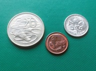 AUSTRALIA - Zestaw 3 monet zwierzęta 1 5 20 Cents 1971 1980 2005 w12