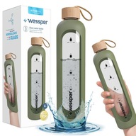 Veľká motivačná sklenená fľaša na vodu a nápoje Wessper 1l + Silikónové puzdro