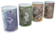 Cínové prasiatko s vytlačenou bankovkou 50 100 200 500 PLN. PLN
