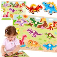 DREWNIANE PUZZLE DINOZAURY MONTESSORI Z PINEZKAMI UKŁADANKA KSZTAŁTY UCHWYT