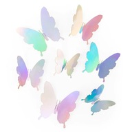 3D nálepky Holografické motýle Strieborné -12 kusov mágie v tvare motýľa