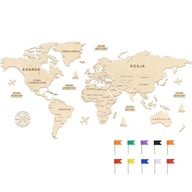MAPA ŚWIATA drewniana 150 cm Mapa świata z państwami na ścianę Z PINEZKAMI