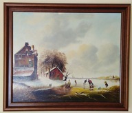 duży obraz olejny na płótnie sygnatura Steinhoven Dania łyżwiarze vintage