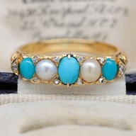 Zlatý Edwardiánsky prsteň s tyrkysami, perlami, diamantmi 18K STAROŽITNOSTI