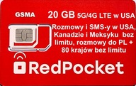 SIM USA Red Pocket - AT&T, Kanada/Meksyk 20 GB 4G LTE/5G, rozmowy do PL