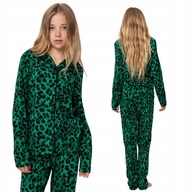 Piżama dziewczęca długa komplet koszula i spodnie zielona w panterkę r. 158