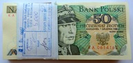 Banknoty 50 zł 1988 seria KA stan 1 UNC z paczki bankowej.