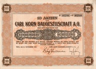 Carl Korn Baugesellschaft A.G. 10 Aktien 1929-Wien